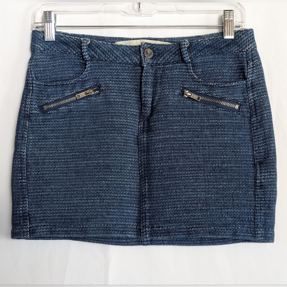 Guess Size 0 "Denim" Mini Skirt with Zipper Pockets Blue Gold Jean